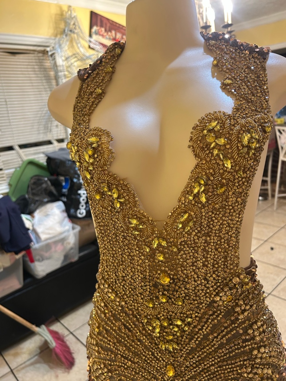Backless Brown Sequin Evening Gown with Gold Embellishment - Picture 14 of 15